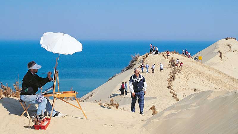 Konstnär målar i Skagens sanddyner – en inspirerande upplevelse under bussresa med Tjörnarpsbuss till det unika ljuset i Skagen.